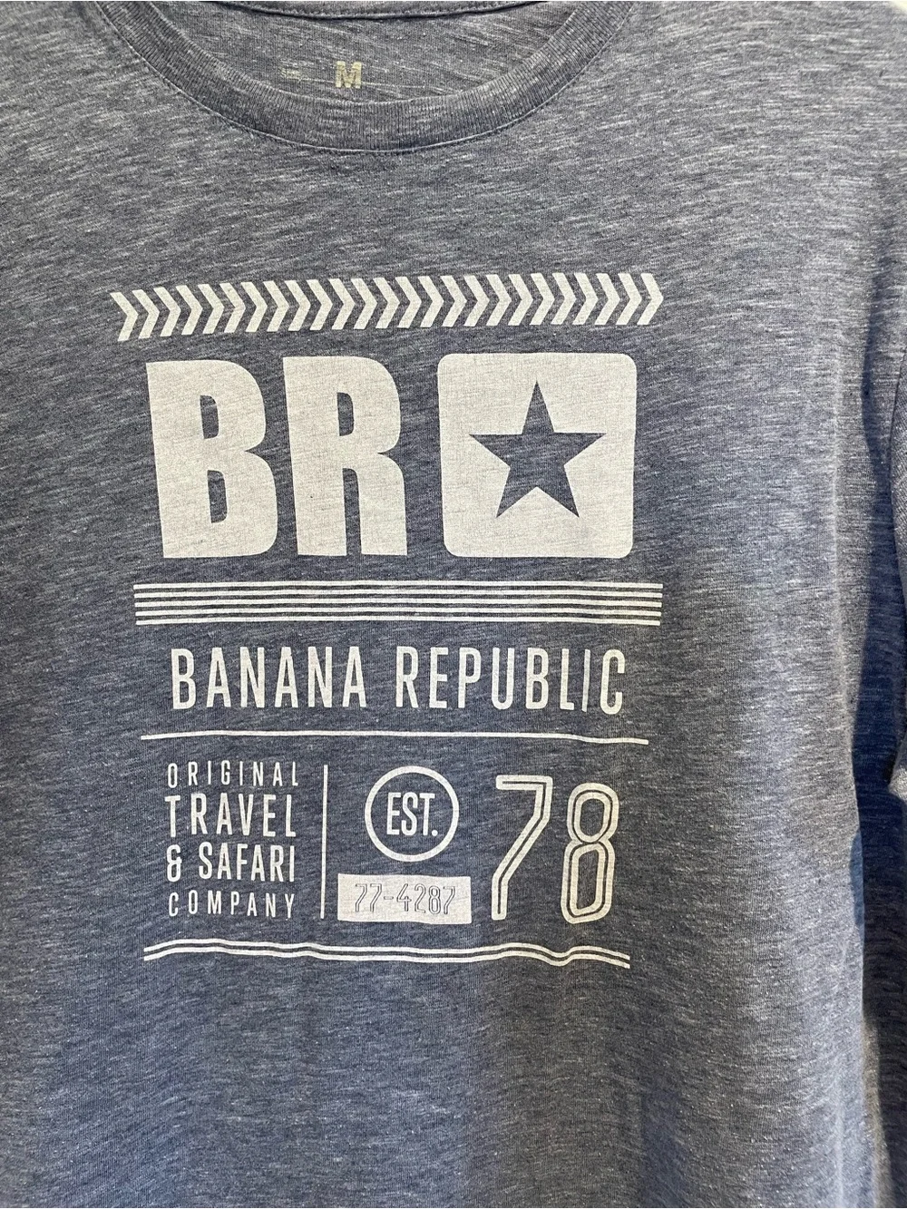 Banana Republic Travel Safari Company Graphic Tee Shirt Blue Mens Medium Est 78